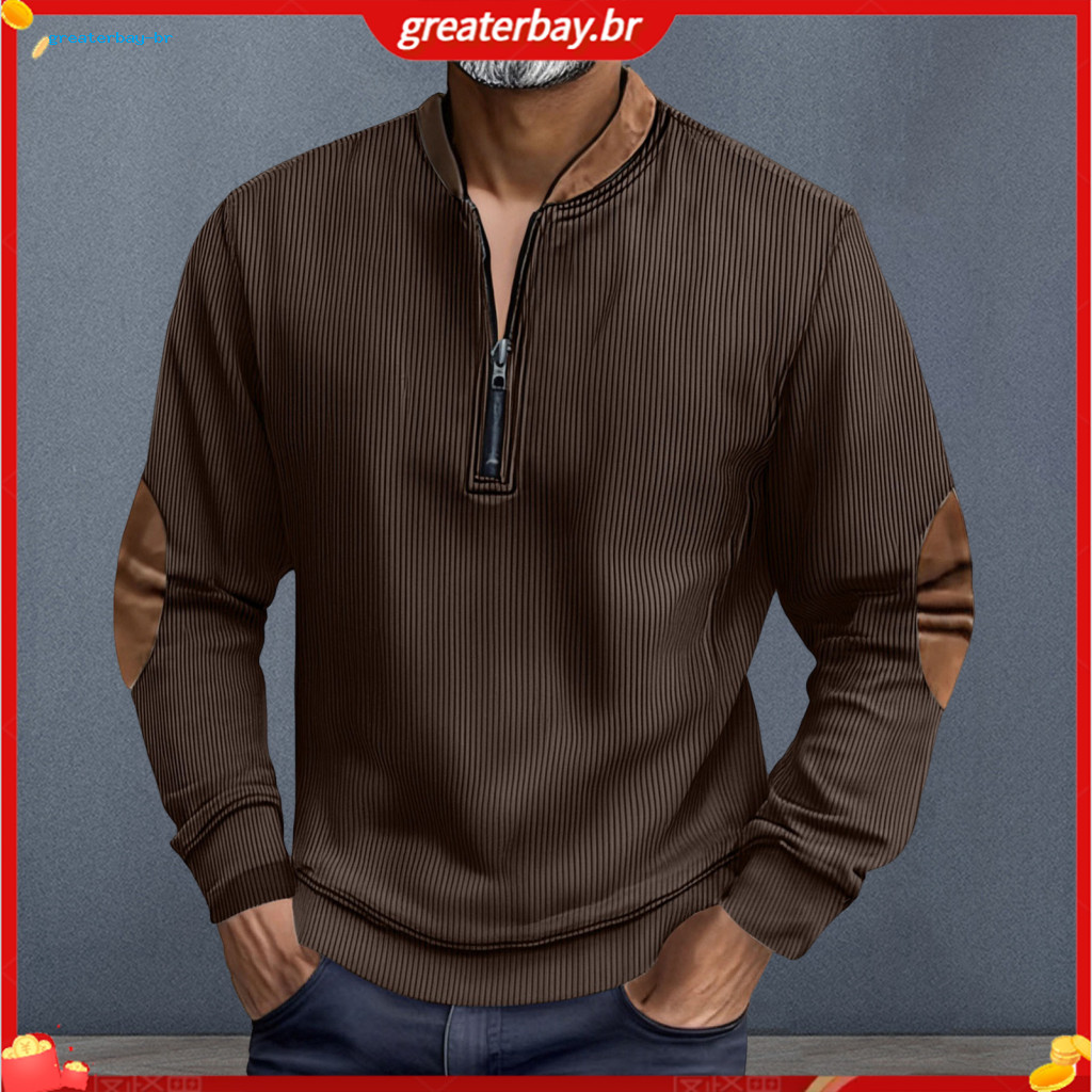 Men's Half-zip Plaid Sweatshirt with Stand Collar Elbow Patch Pullover Long Sleeve Jacket for Work and Casual Wear Breat