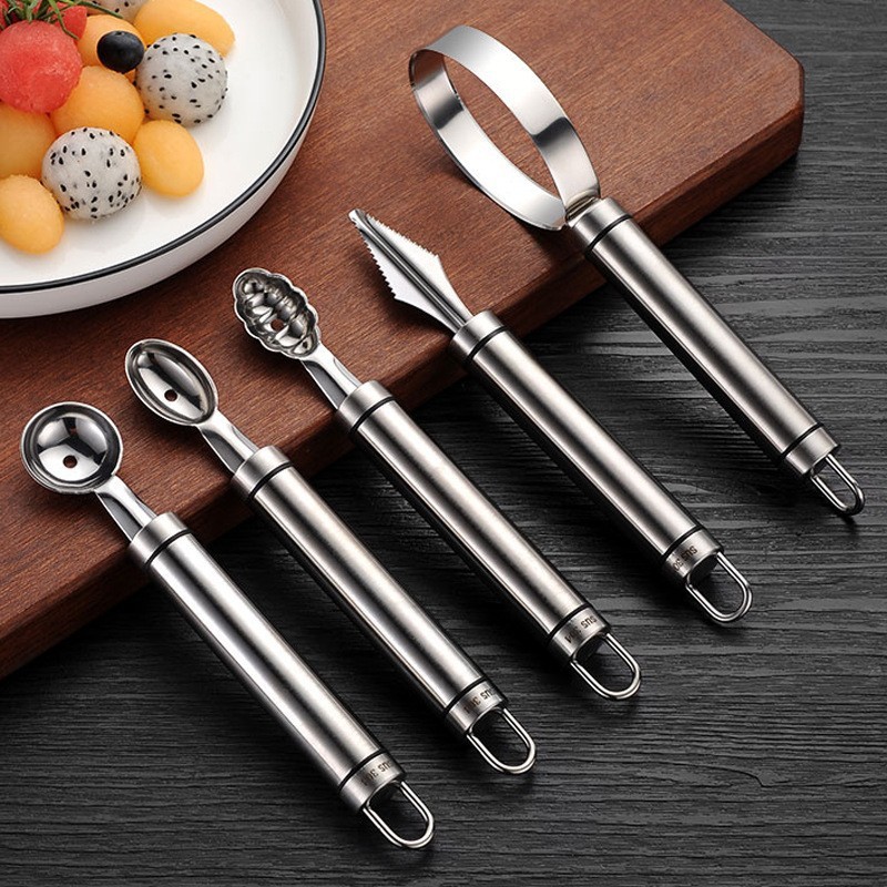 Conjunto de Ferramentas para Frutas 304 com Seis Peças: Modelador de Prato, Extrator de Frutas, Colher para Sorvete de M