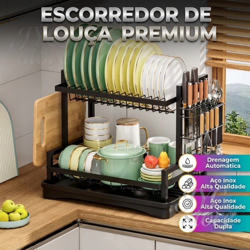 Escorredor De Louça Em Aço Inox Com Drenagem Automática 360 Com 2 Níveis Porta Pratos Talheres e Tábua Premium