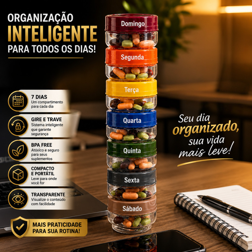 Kit 7 Potes Porta Comprimidos Semanal Organizador De Remédios Vitaminas Comprimidos Gire E Trave