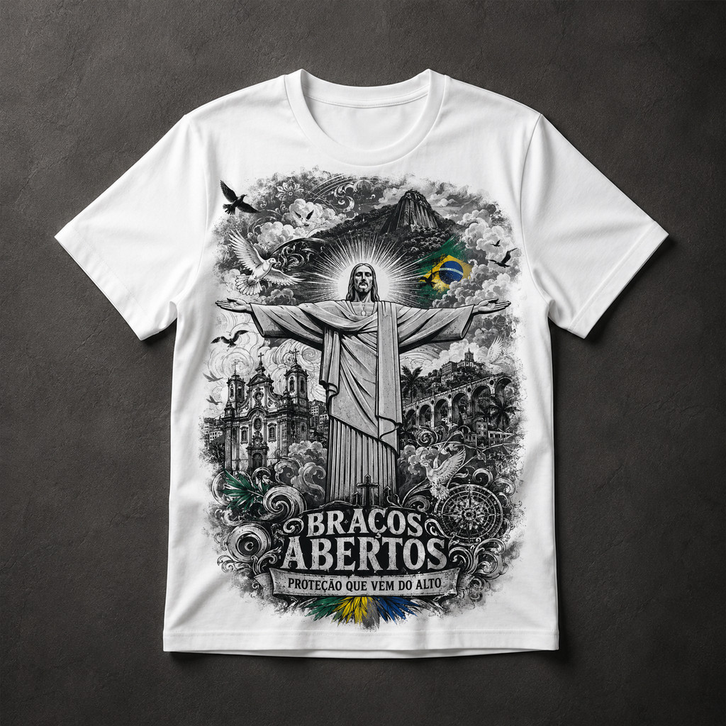 Camiseta Cristo Redentor Braços Abertos Proteção que Vem do Alto Brasil