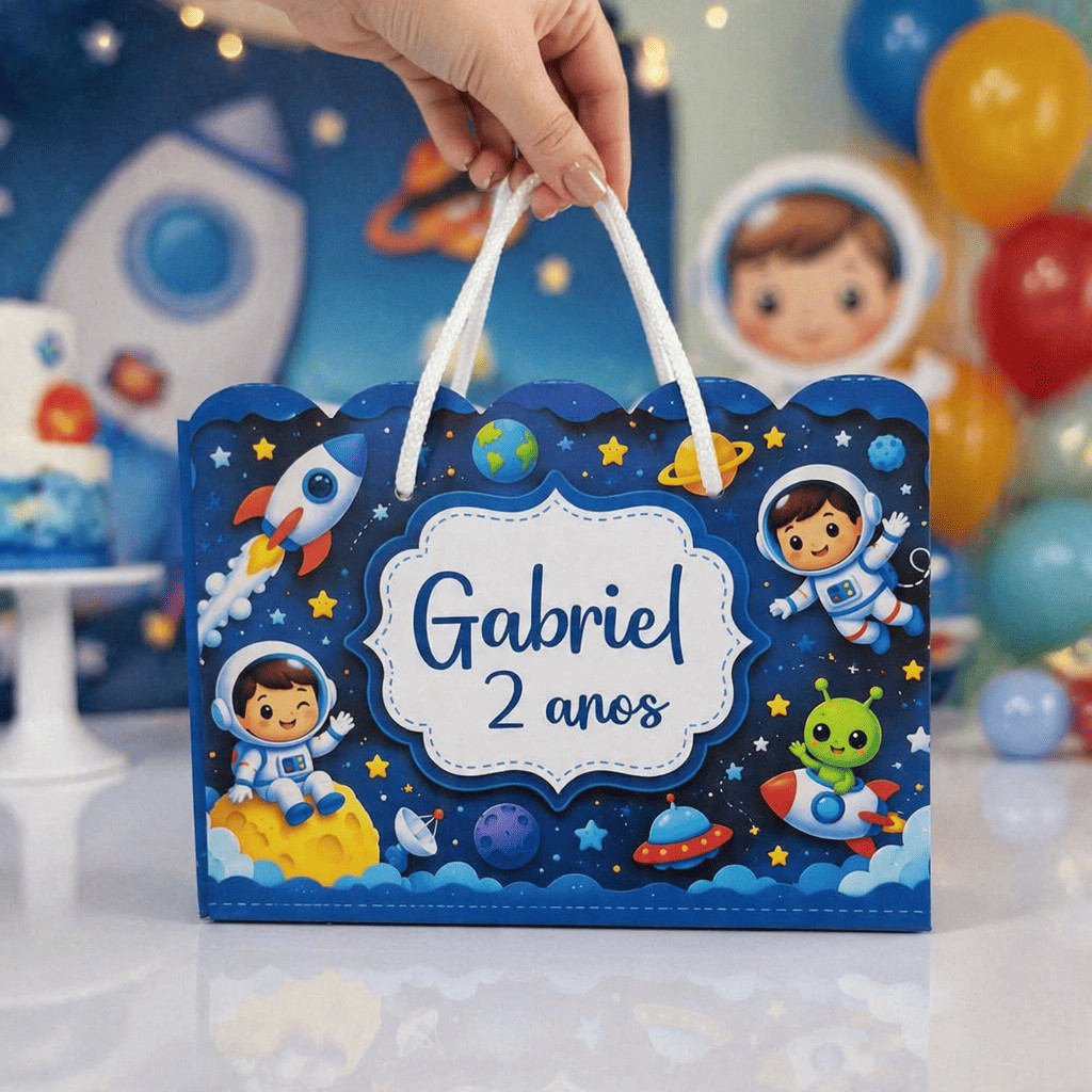 Sacolinha Personalizada Astronauta | Kit Lembrancinha Festa Infantil com Nome e Idade Aniversário