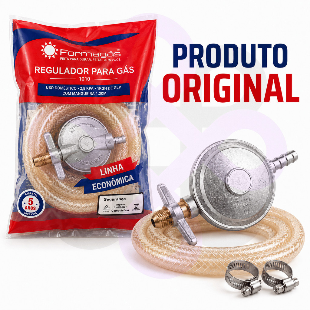 Registro Regulador Reposição Gás De Cozinha Formagás com Mangueira 1,20m Botijão Borboleta P13 Kit Completo