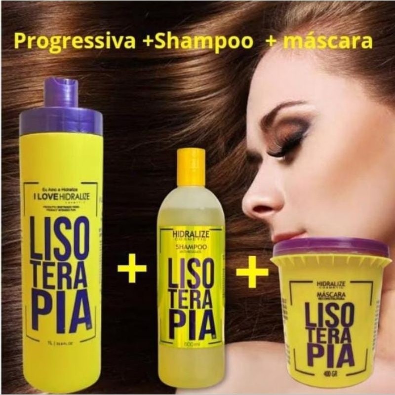 Kit Progressiva Orgânica Sem Formol + Shampoo Anti-Resíduos 500ML + Máscara Lisoterapia 400ML Alinhamento Capilar