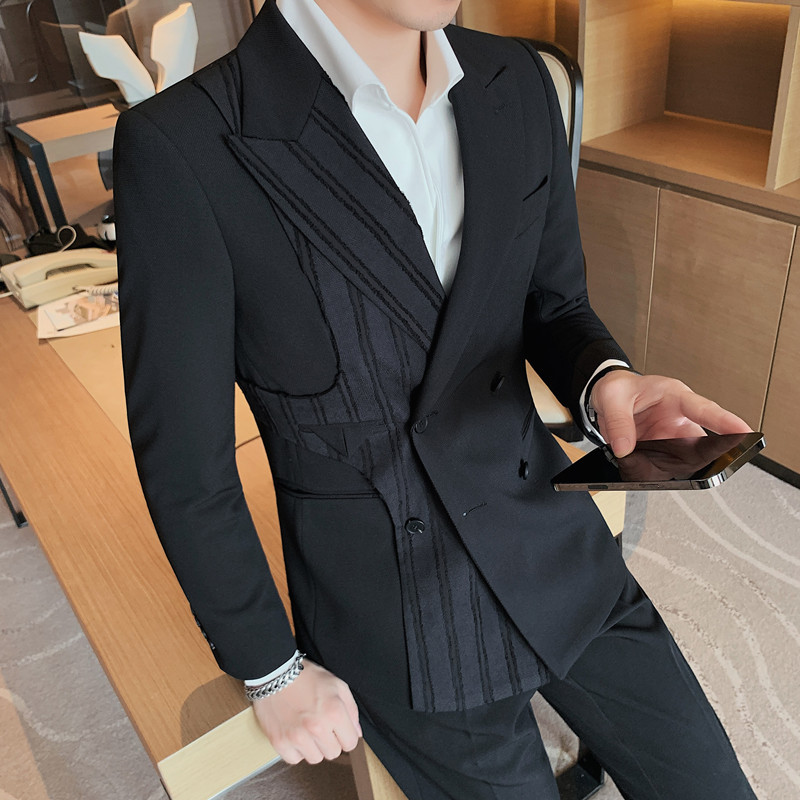 Elegante masculino na moda moda costura rufião bonito duplo Breasted Blazer masculino versão coreana magro-ajuste Casual