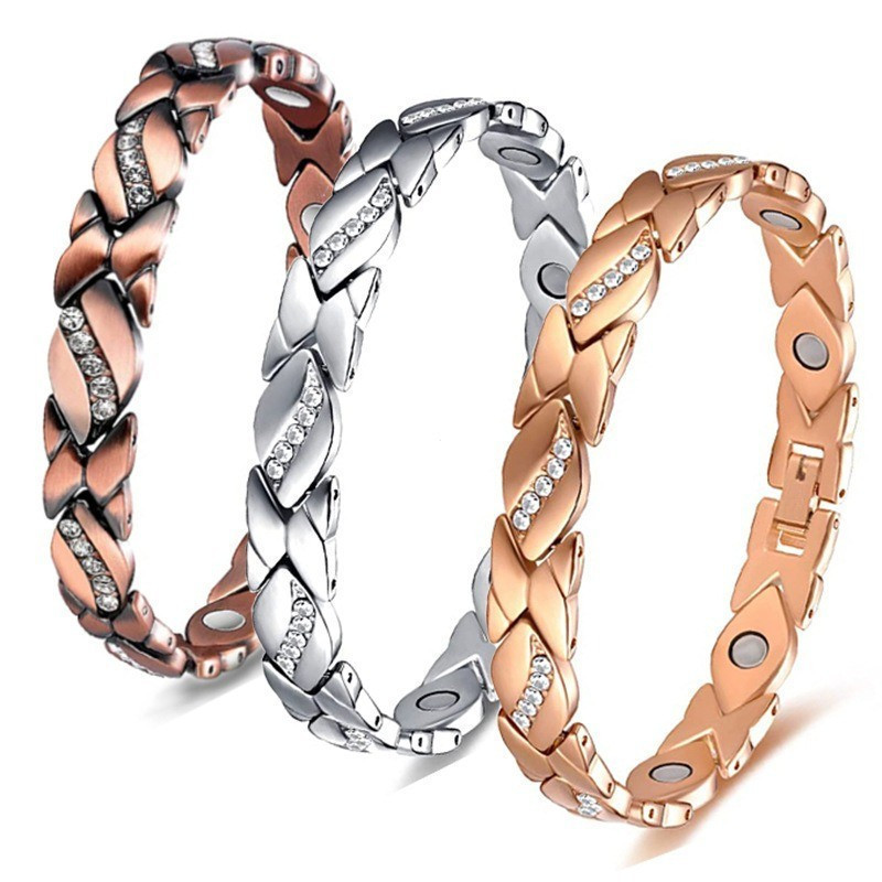 Pulseira vintage de cobre puro com zircônia, equipada com ímãs de aço inoxidável, adequada tanto para homens quanto para
