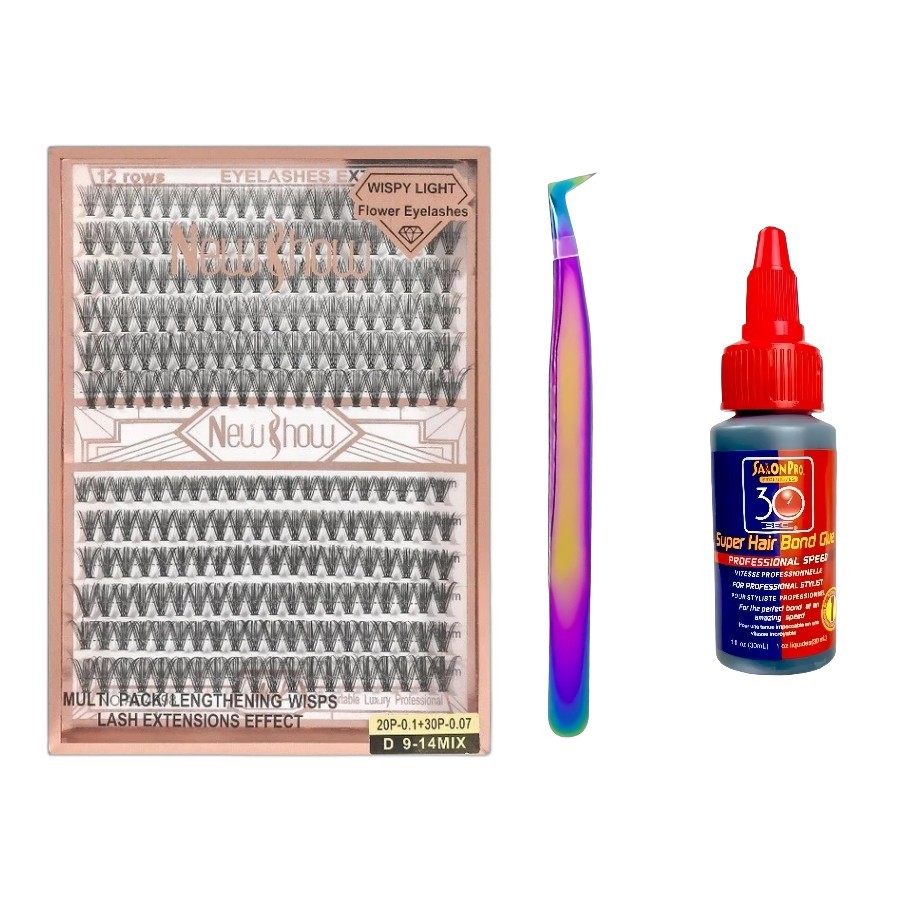 New Show 1 caixa 20P+30P/30P+40P/20P/30P Cilios Tufos+1 Pinça+Cola 30 Sec Hair Bond Glue Profissional 30ml