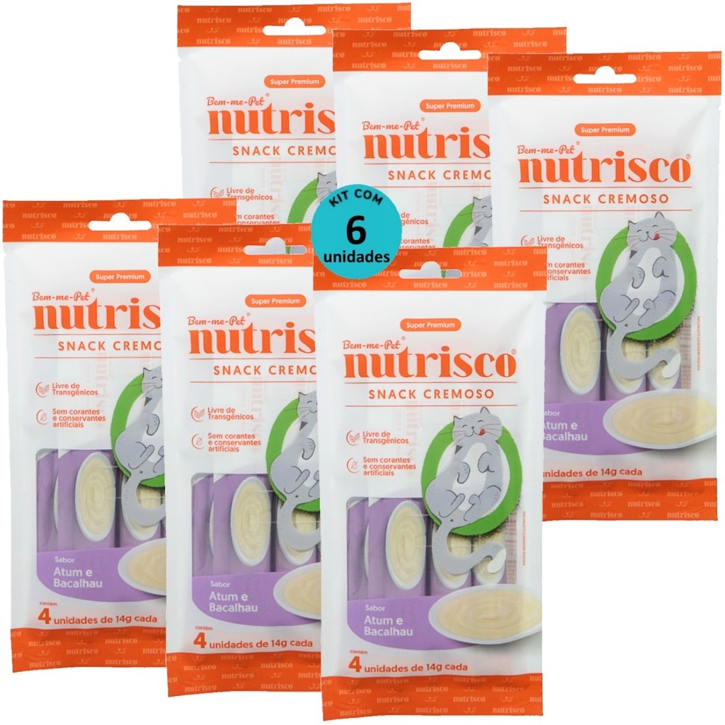 SNACK CREMOSO NUTRISCO GATOS 14G ATUM E BACALHAU COM 4 UN - KIT COM 6