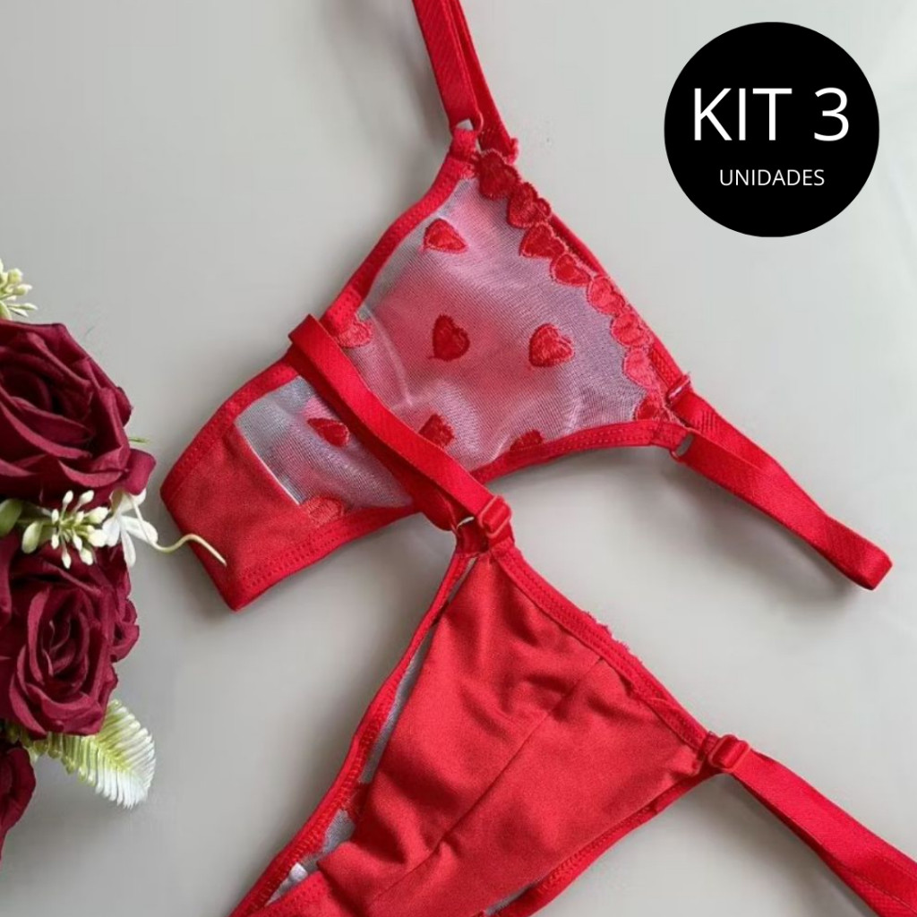 Kit 3 Calcinhas Tanga Fio Duplo Lingerie em De Tule Coração Com Regulagem Feminino em Oferta na Shopee