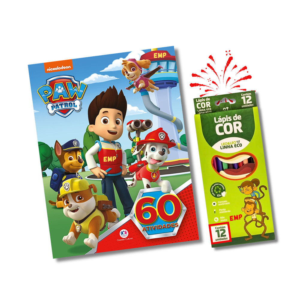 Kit Livro Patrulha Canina 60 atividades e Lápis de Cor 12 Cores Leo & Leo