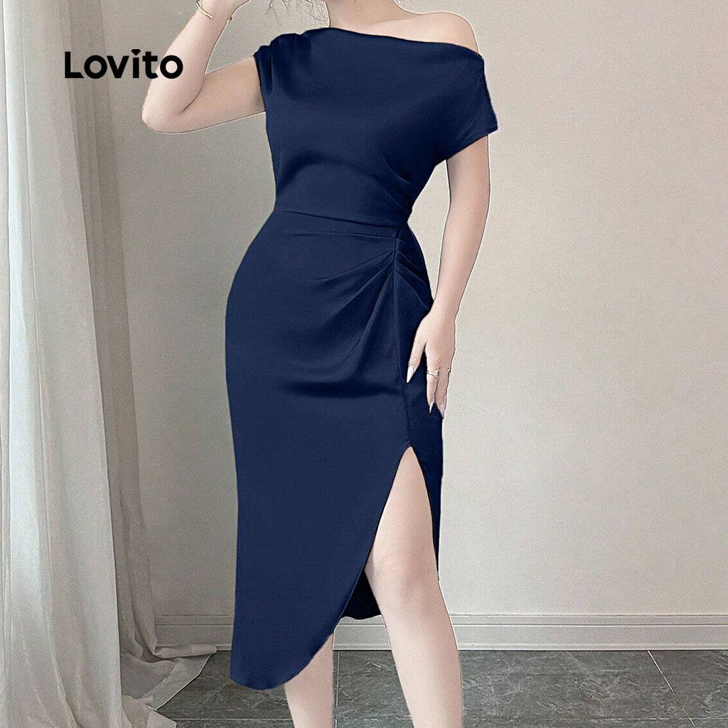 (NEW) Lovito Vestido Elegante com Fenda Frontal Assimétrica para Primavera/verão Vestido Azul marinho L152ED014 em Oferta na Shopee