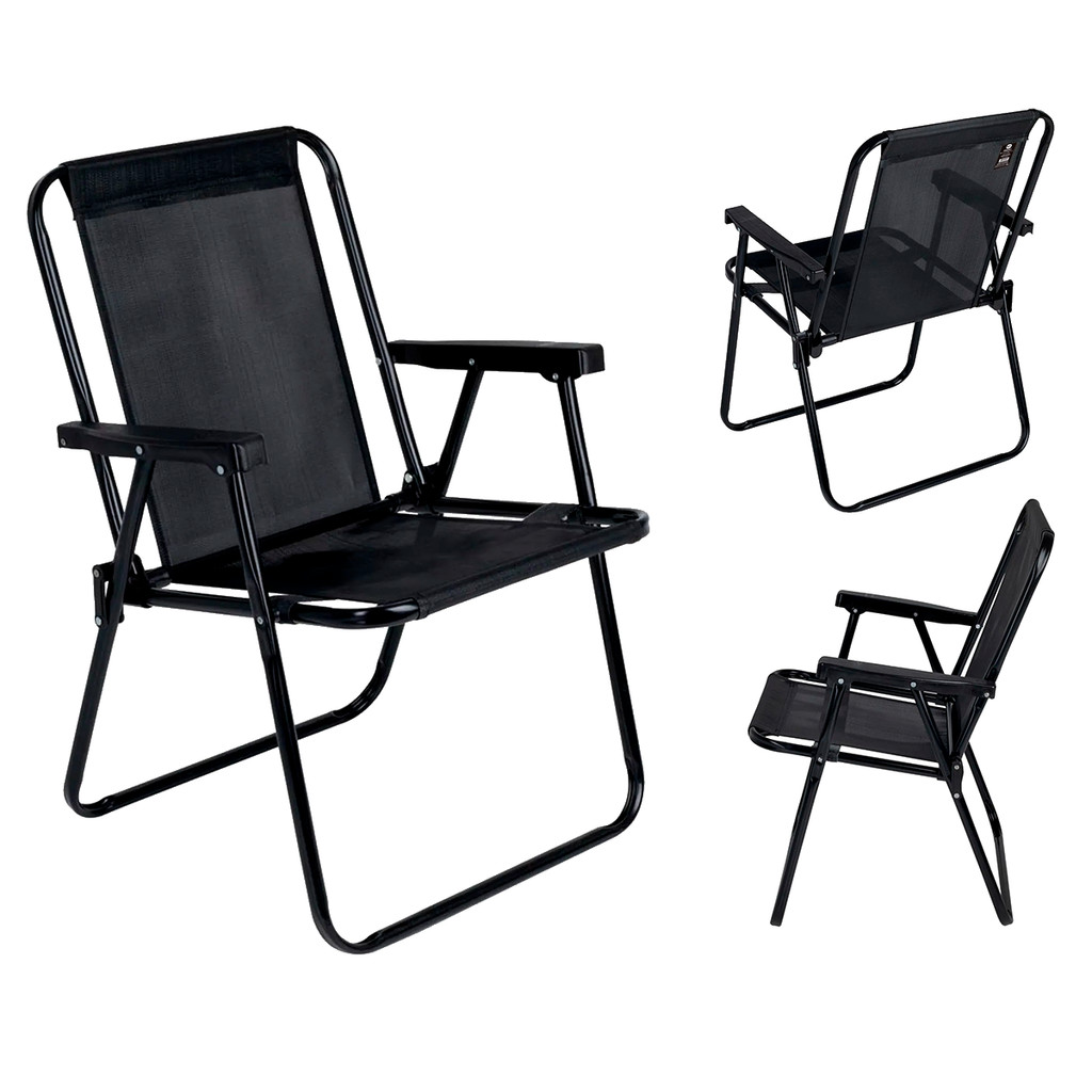 Cadeira Dobrável de Praia Alta Preta em Aço Resistente Portátil e Suporta até 110kg - Mor em Oferta na Shopee