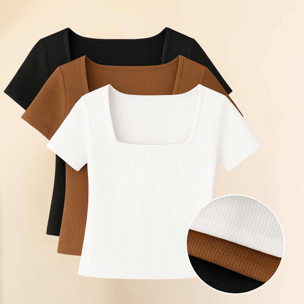 KIT 3 - Baby Look Plus Size Gola Quadrada Suplex Blogueira Tendência Verão
