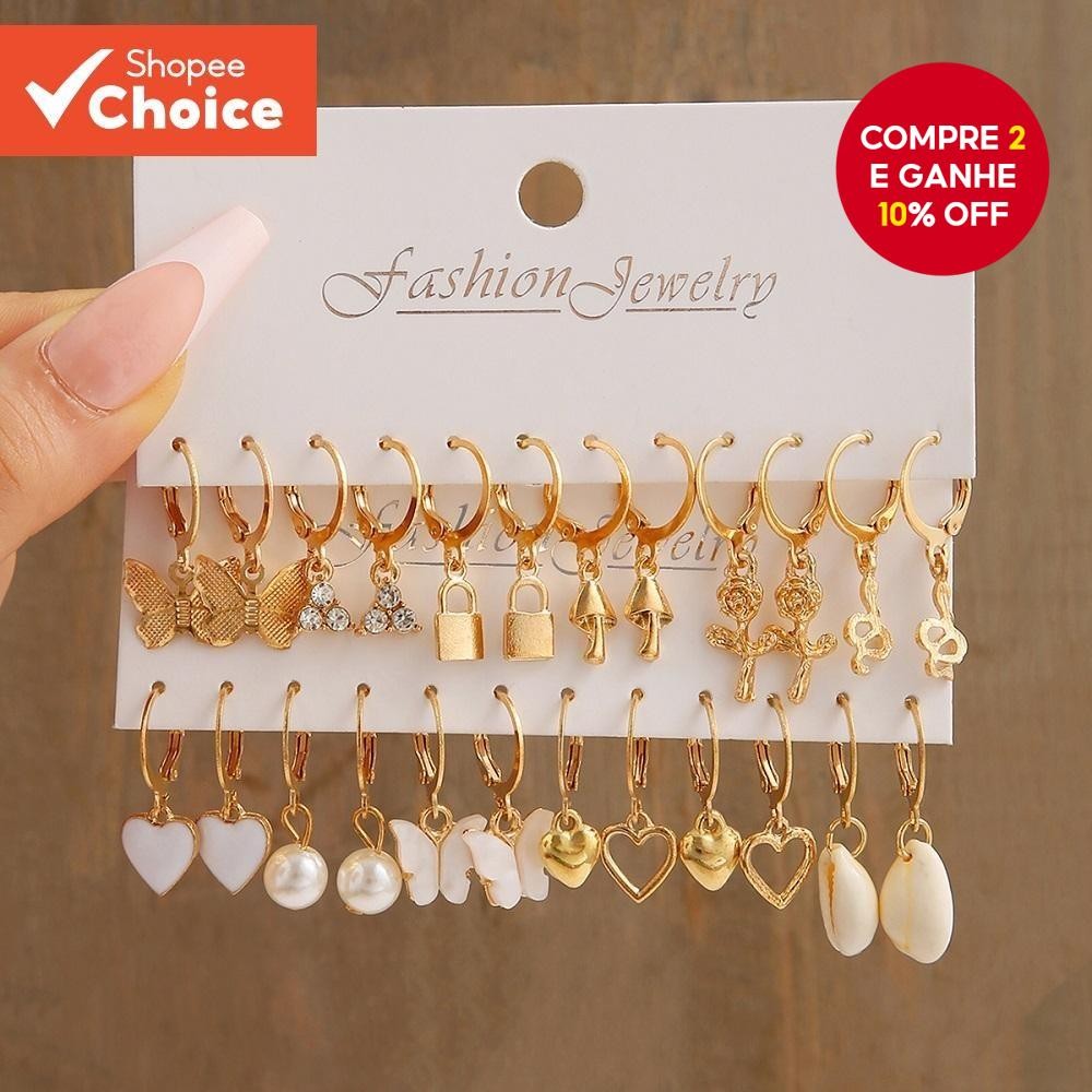 Conjunto De Brincos De 24pcs Luxo Gold Pearl Shell Butterfly Heart Drop Para Jóias Hipoalergênicas Femininas