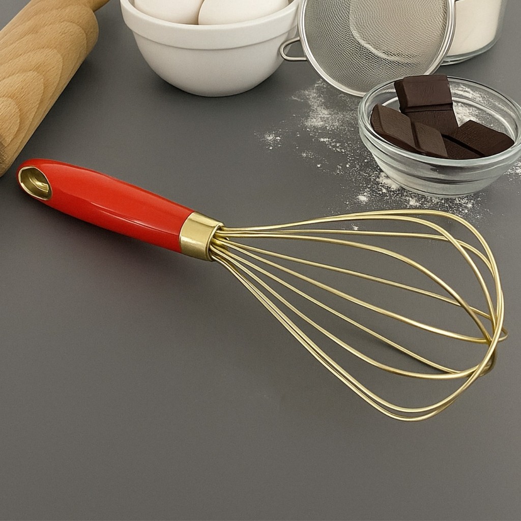 Batedor Fouet 32cm Profissional Dourado De Ovos e Massas Cabo Reforçado Utensilio