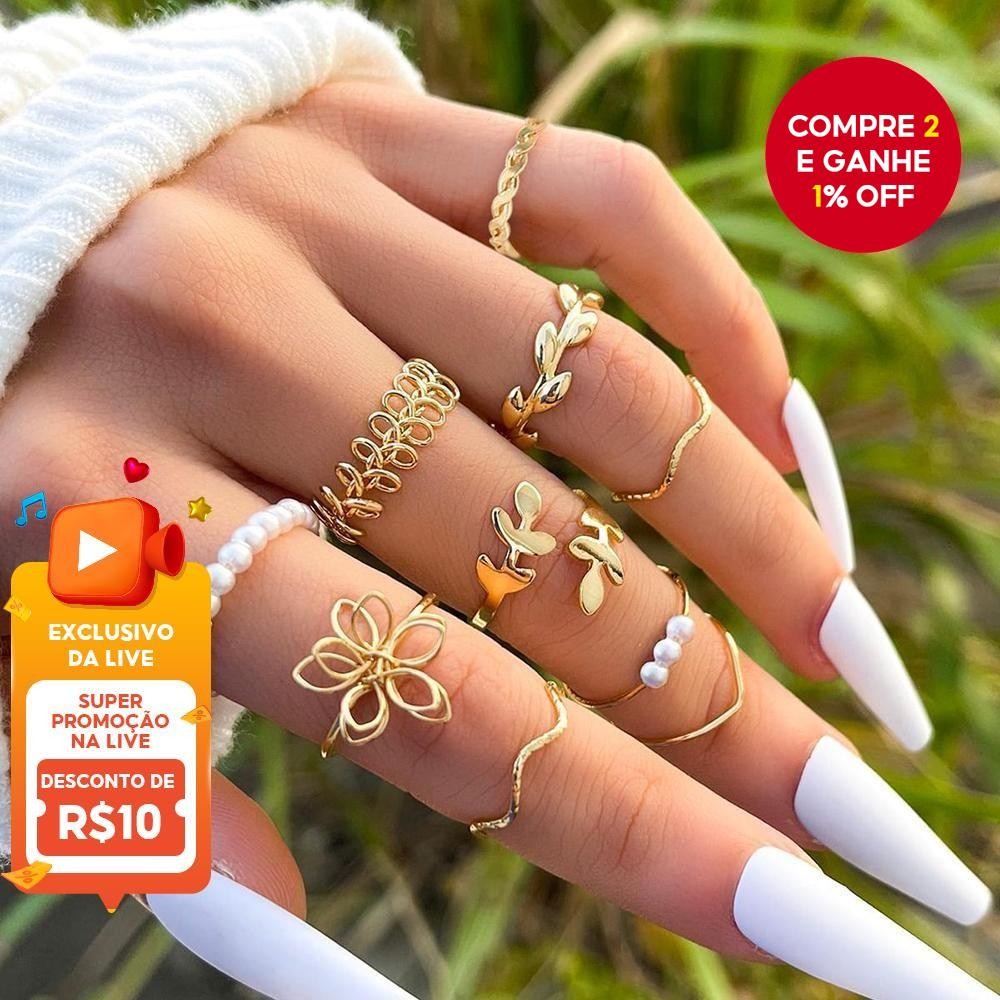 Conjunto de 10 Anéis de Flores Ocados Fashion, Anéis Minimalistas com Pérola e Folha para Mulheres