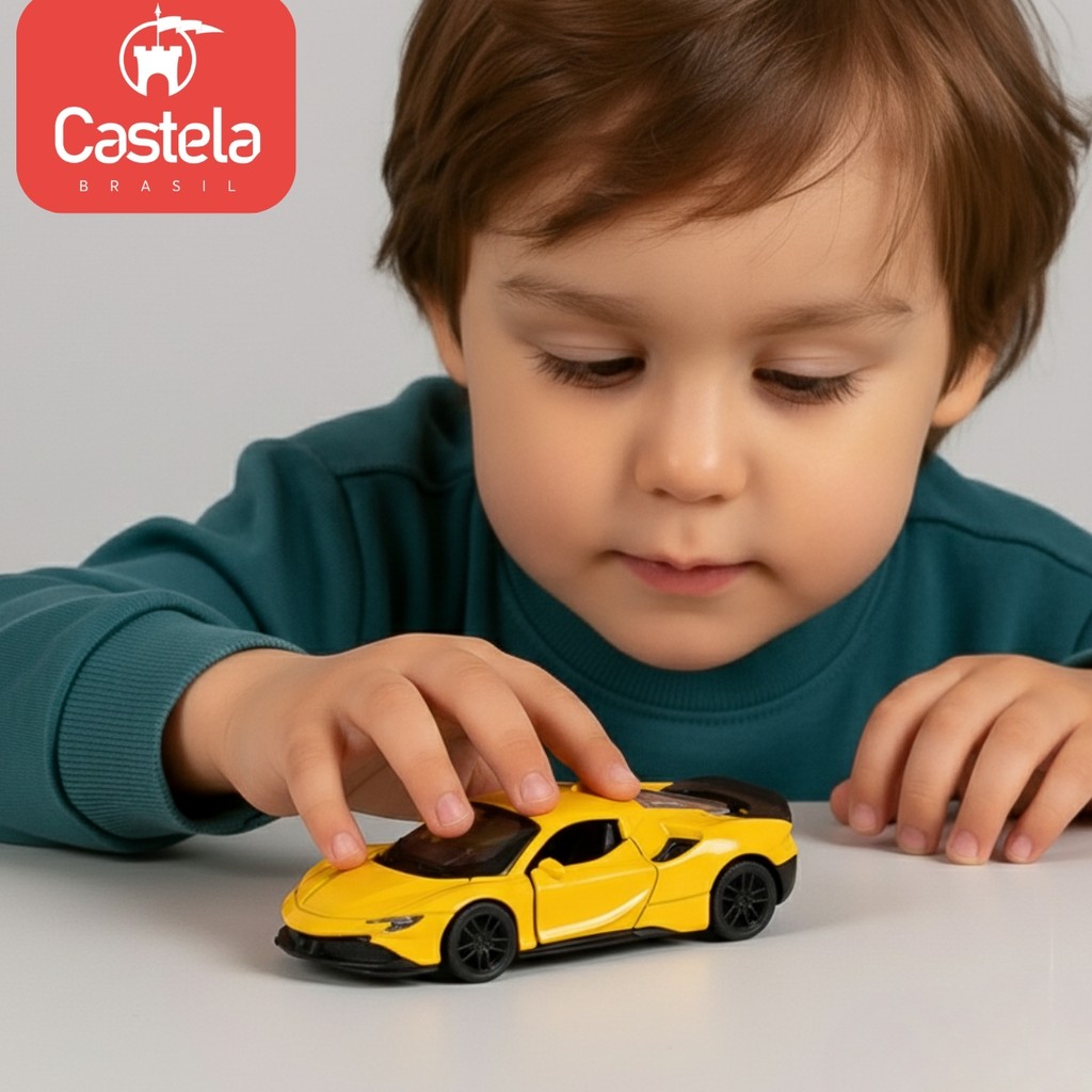 Detalhes do Carrinho Miniatura Amarelo Pull Back 1:32 C/ Som e Luz - Castela Brasil