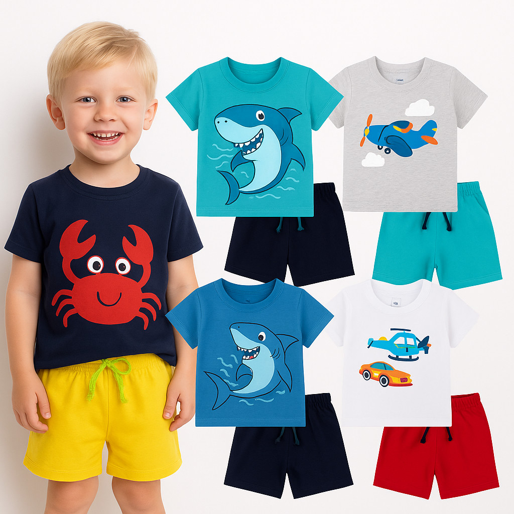 Kit Sortido 2 ou 4 Peças De Roupa Infantil Menino Verão Conjuntos Masculino de Verão Bebê Sortidos Manga Curta e Bermuda