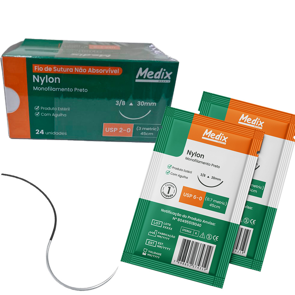 Caixa 24 Fios de Sutura Nylon 3-0 3/8 30mm Agulhado Medix