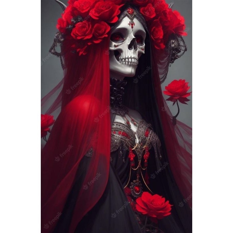Quadro Rosa Caveira com Veu Vermelho Placa Decorativa MDF Caveira Mexicana