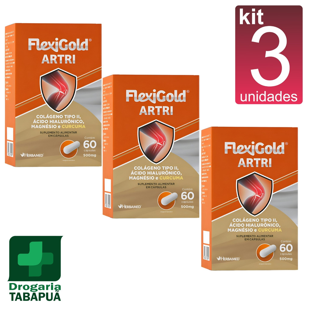 kit 3 Colágeno Tipo 2 Magnésio e Cúrcuma 60 cápsulas - FlexiGold Artri - Herbamed - Saúde Articular