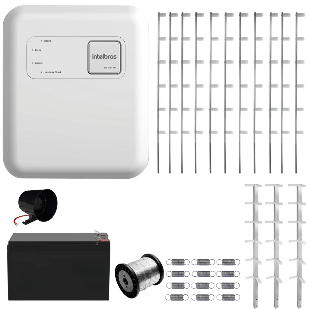 Kit Cerca Elétrica Residencial ELC 6012 18000 Volts com Bateria 14 Hastes Intelbras