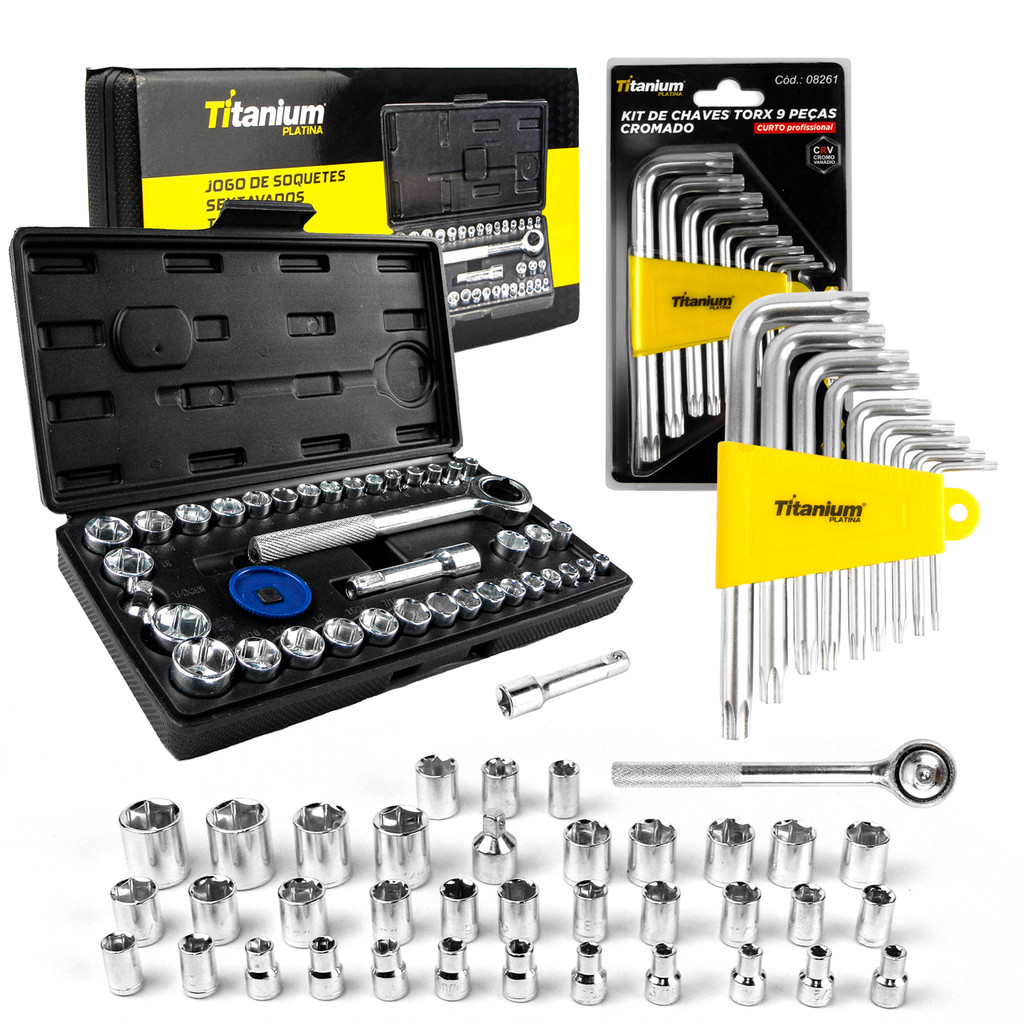 Jogo Soquete 40 Peças + Jogo Chave Torx Curto CRV 9 Peças Profissional Titanium Platina em Oferta na Shopee