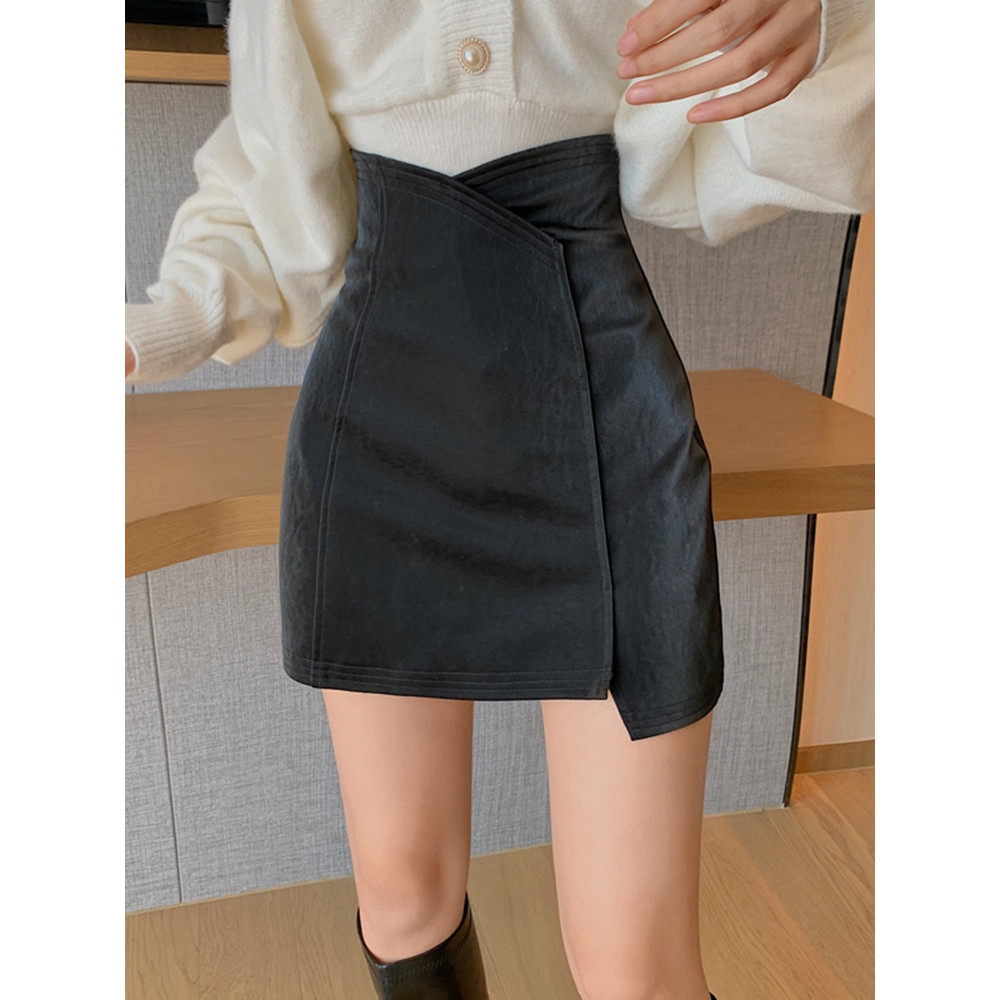 Saia de couro preto saia de cintura alta feminina primavera outono gordura mm tamanho grande mais magro olhar Design sen