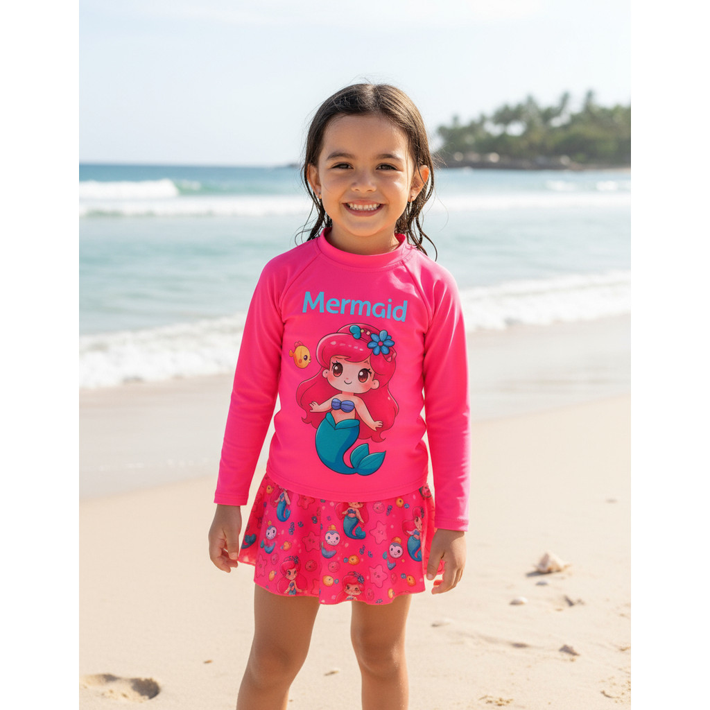 Trikini Conjunto Roupa de Banho Infantil Blusa Longa Saia e Calcinha Biquini Proteção UV50+