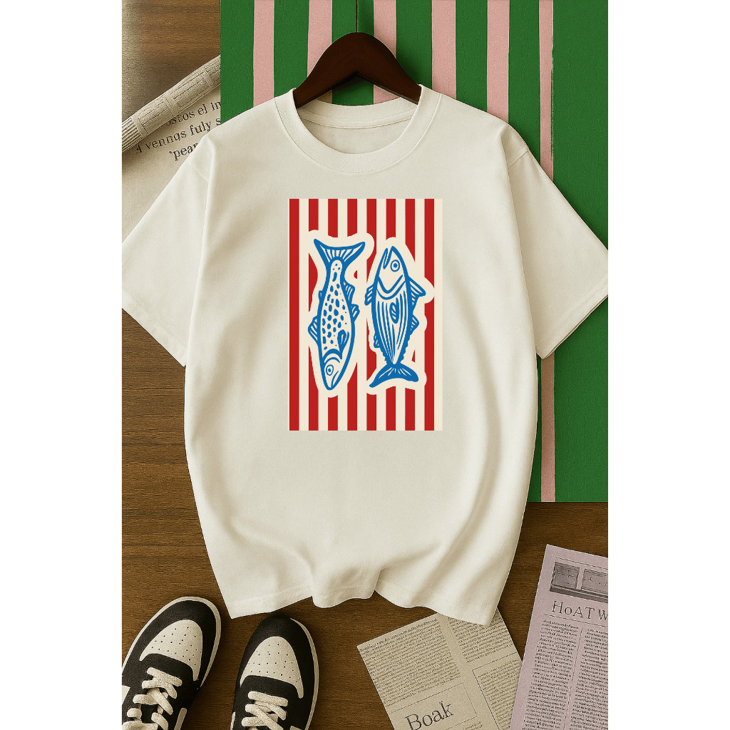 Camiseta T-shirt Oversized Feminina Sardinha Estampada 100% Algodão Lançamentos Tendência