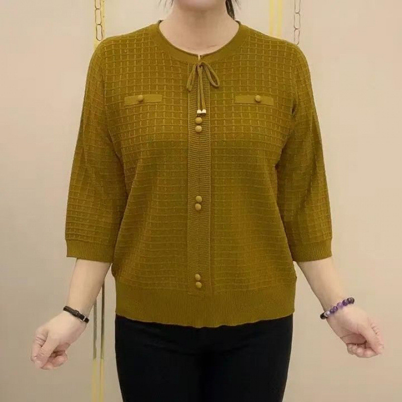 Roupas da mãe manga três quartos malhas topo feminino verão de meia-idade idosos solto tamanho grande moda camisa de fun