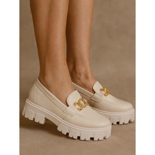 Mocassim Feminino Oxford Tratorado Com Metal Blogueira Plataforma Leve