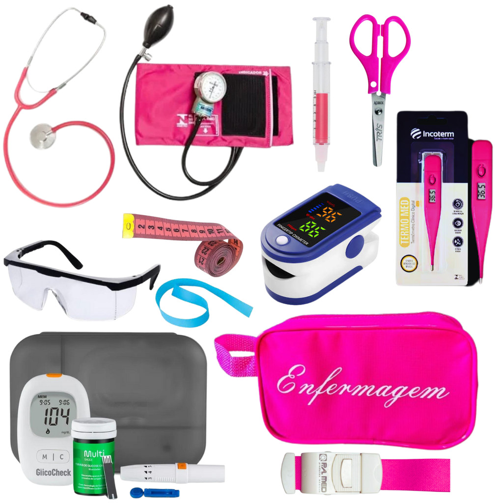 Super Kit Enfermagem Aparelho de Pressão+Estetoscópio PAMED Completo+Oximetro+Nécessaire Vinho Preto