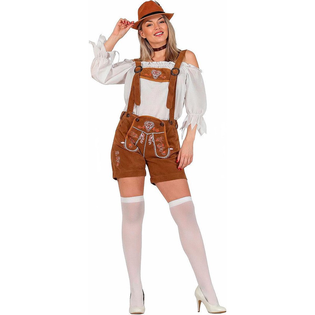 Fantasia Alemã Feminina de Luxo Macacão Curto Camurça Marrom Festa Carnaval Oktoberfest Halloween