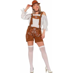 Fantasia Alemã Feminina de Luxo Macacão Curto Camurça Marrom Festa Carnaval Oktoberfest Halloween
