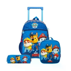 Kit Mochila de Rodinha, Lancheira Térmica e Estojo Infantil Masculina Patrulha Canina Chase e Equipe Azul