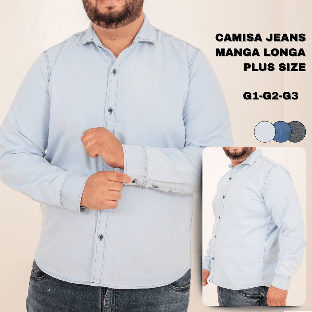 Camisa Plus Size Jeans Manga Longa Lisa Social Elegante Tamanhos Grandes G1 G2 G3