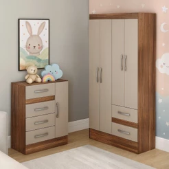 Quarto Infantil com Cômoda 4 Gavetas e 1 Porta Guarda-Roupa 4 Portas e 2 Gavetas Ninho Marrom/Castanho/Off White