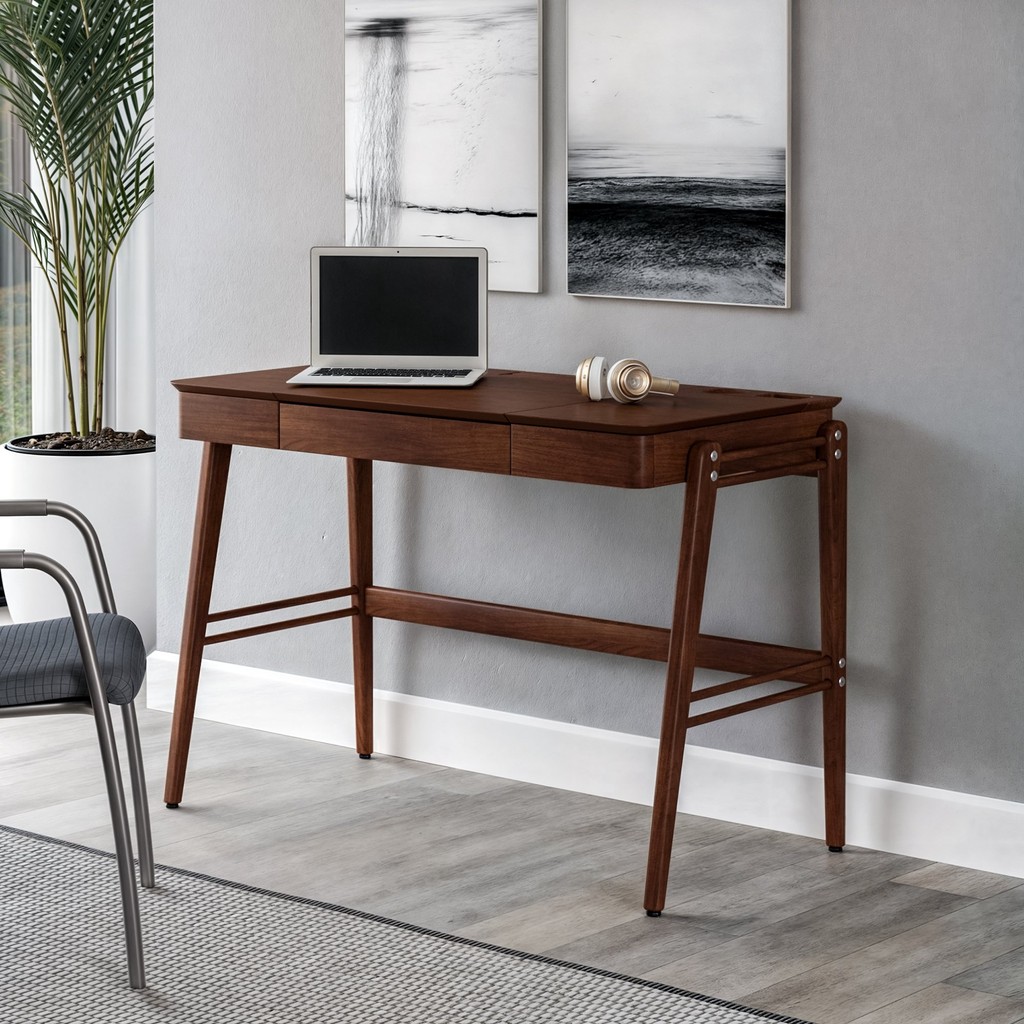 Escrivaninha Mesa Escritório 111cm Madeira Maciça com Gaveta Nichos e Porta-Canetas Joy Castanho em Oferta na Shopee