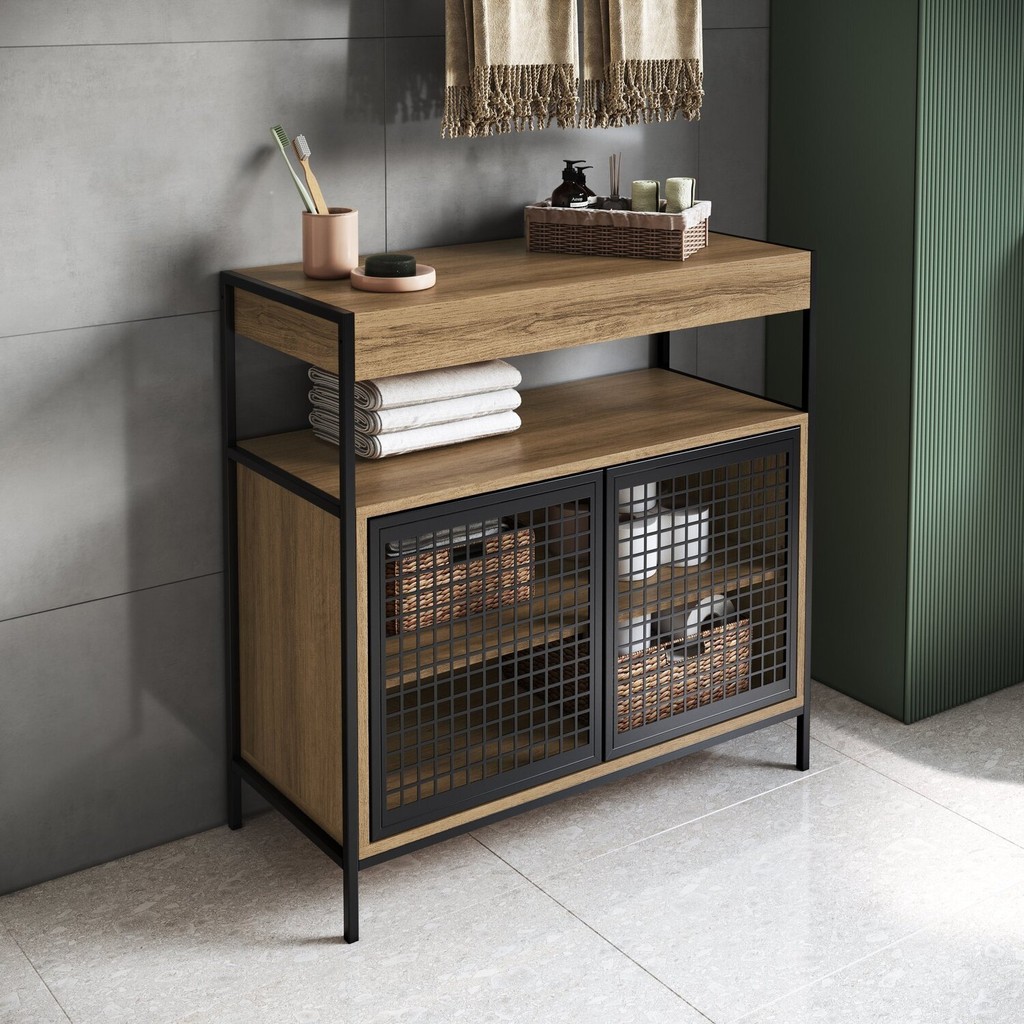 Armário Gabinete de Banheiro 80cm Estilo Industrial com 2 Portas Preto/Mel em Oferta na Shopee