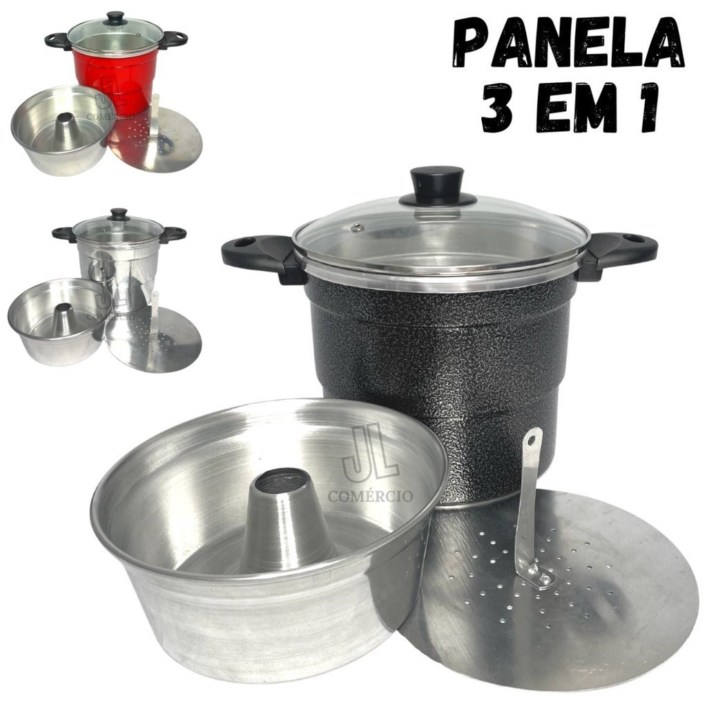 Panela Multiuso 3 em 1 Com Tampa de Vidro Cuscuzeiro Pudim Panela Alumínio N20 Vermelho Preto Polido