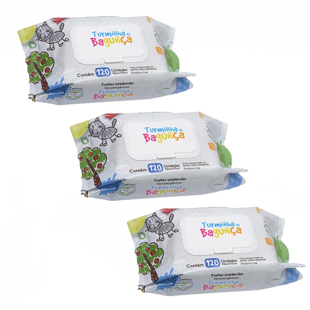 Kit 03 Pacotes Toalhas Umedecidas TURMINHA DA BAGUNÇA 120 folhas com tampa Flip Top