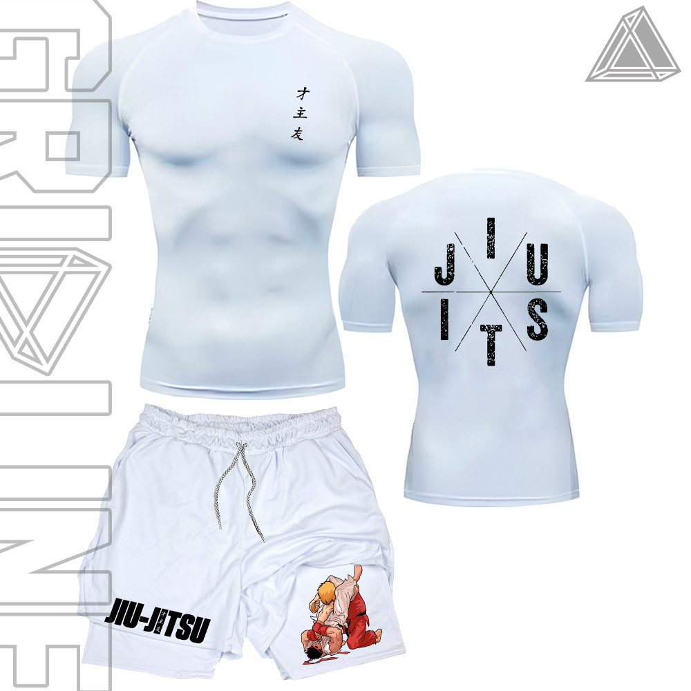 Kit Camiseta Compressão e Short compressão 2 Em 1 Jiu Jitsu Arte Marcial Minimalista Luta