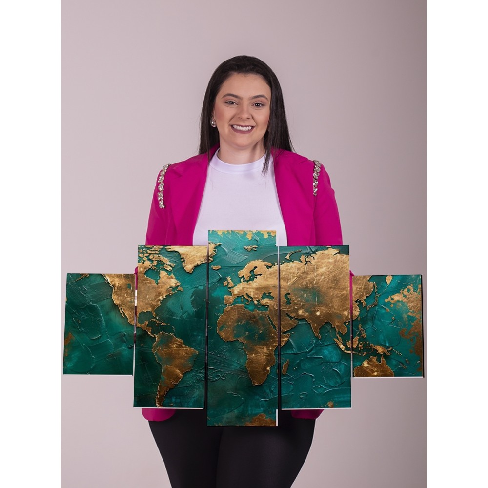 Quadro Decorativo Mapa Mundi 5 Peças Sala Escritório Moderno Luxo Dourado Azul Parede Grande