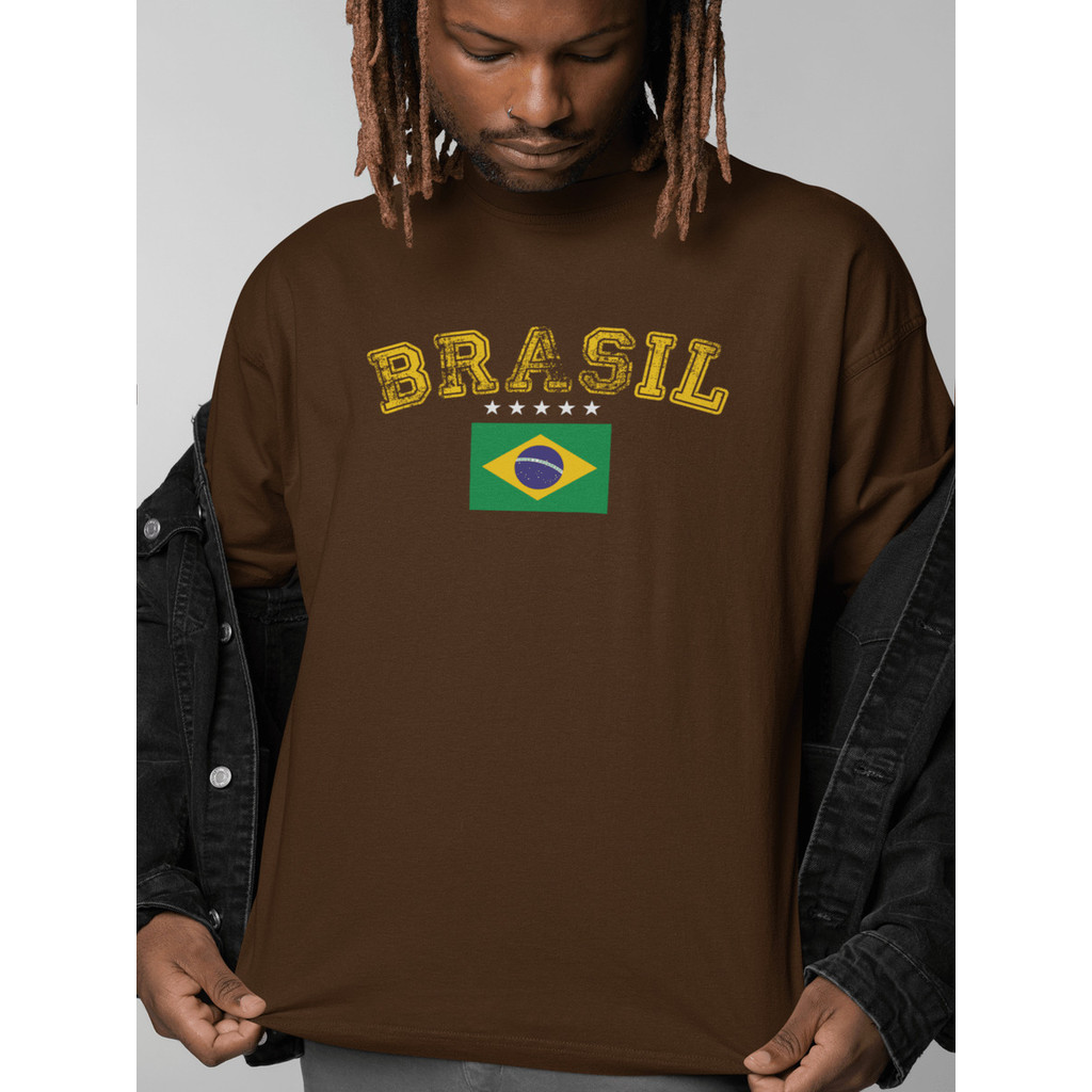 Camiseta Oversized Masculina 100% Algodão Estampa Brasil Strewear Copa Unissex Academia Machão Dia a Dia Treino Ar Livre
