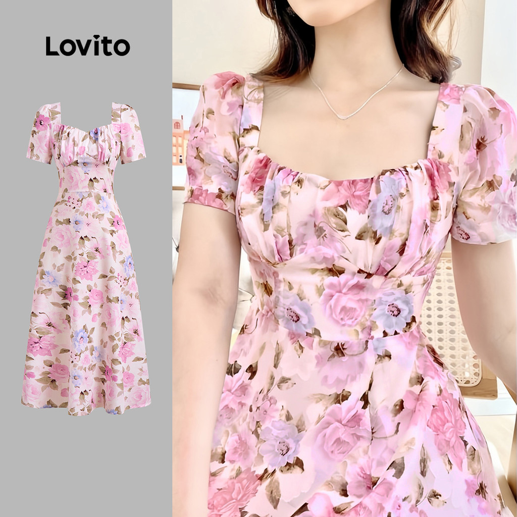 Lovito Vestido Elegante com Babado Floral Macio e Confortável Roupa de Primavera/verão para mulheres L137ED701 em Oferta na Shopee