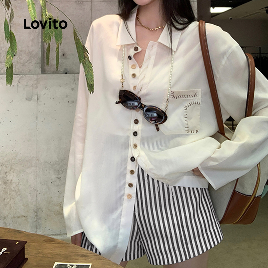 Detalhes do Lovito Shorts Casuais De Verão/Primavera Listrados Com Bolso Falso E Zíper Para Mulheres L125AD319