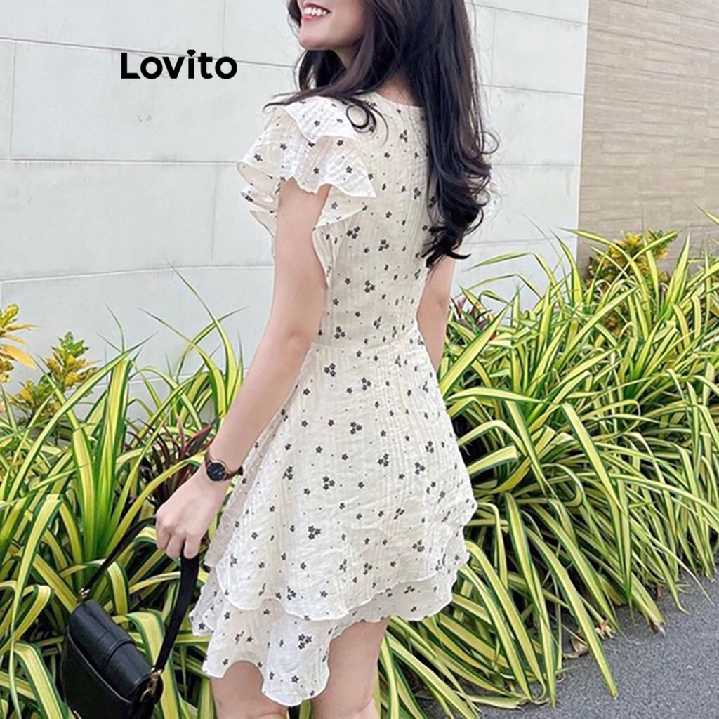 Detalhes do Lovito Vestido Casual Feminino de Camada Dupla com Estampa Floral, Amarração e Babados L73AD128 (Multicolorido)