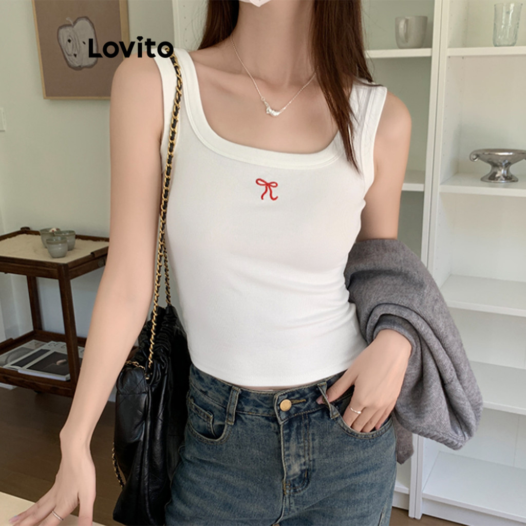 Detalhes do Lovito Top Casual Com Laço Liso E Regata De Verão/primavera Para Mulheres L108ED1027