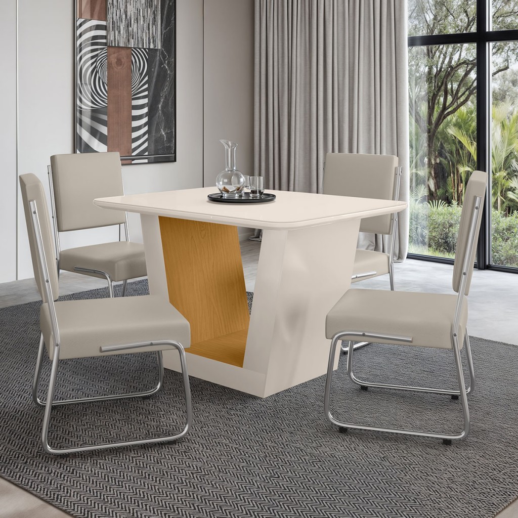 Mesa de Jantar 4 Lugares Viena Monaco com Vidro Cromado/Off White/Nature - Art Panta